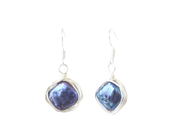 Blue diamond freshwater pearl earrings