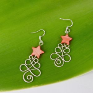 xmas earrings in eco sterling silver wire with red mother of pearl star at the top