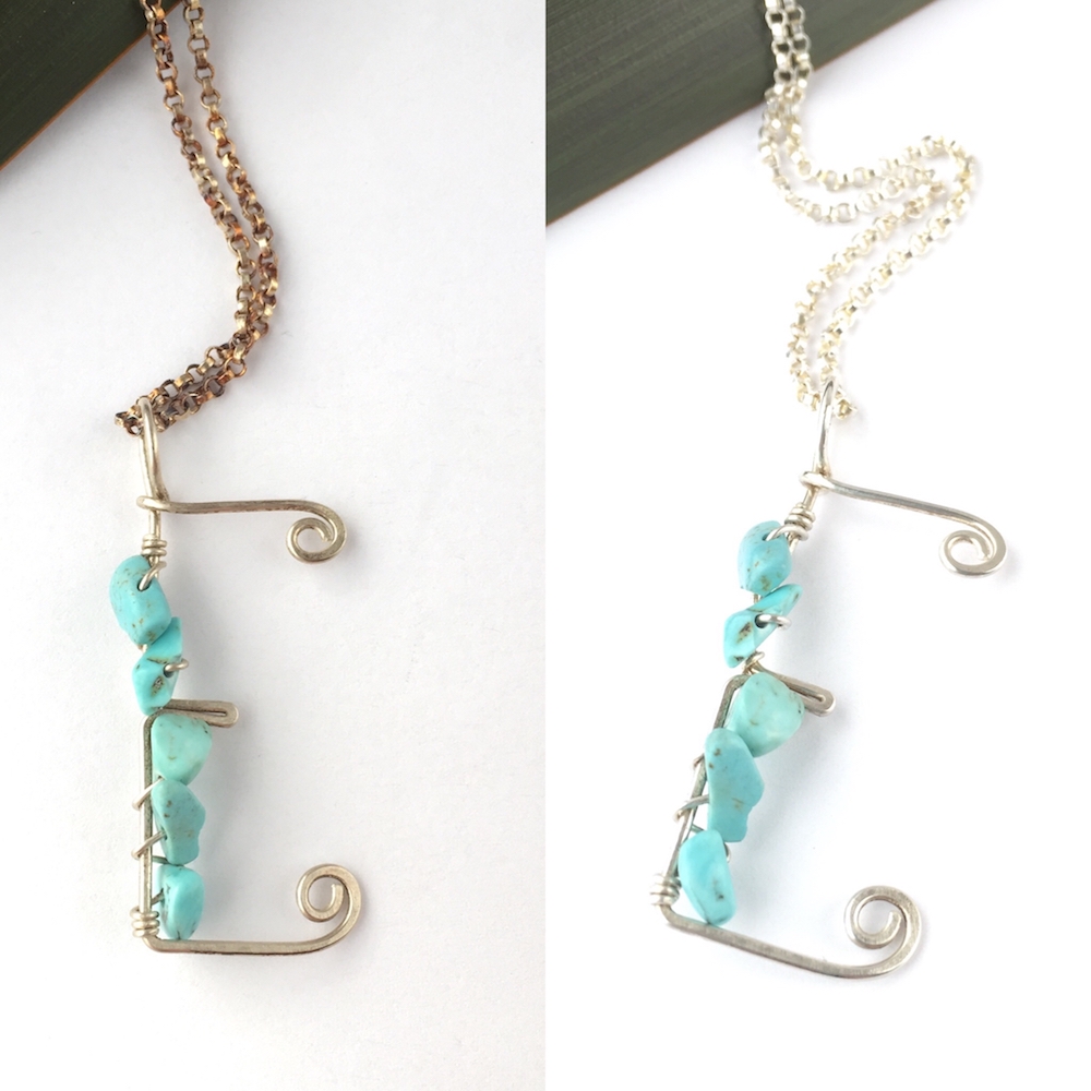 Tarnished and Cleaned Letter E Necklaces with turquoise in eco silver