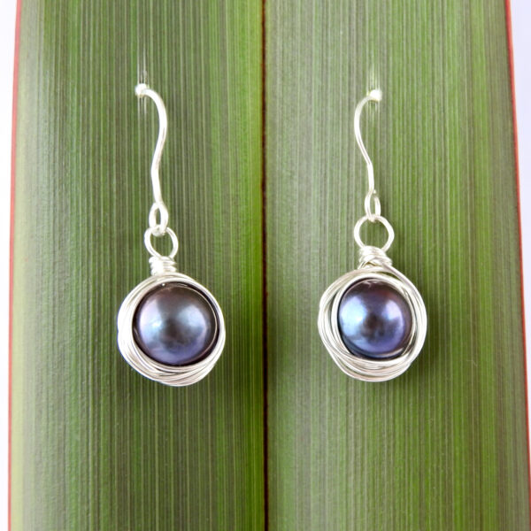 Black Pearl Round Wrapped Recycled Silver Earrings_Hung in Flax Round Pearl Wire Wrapped Earrings_main image