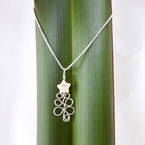 IvoryMoPSilverChristmasTree.Necklace_FlaxHung Wire wrapped Christmas Tree Necklace in eco Sterling Silver handmade in nz