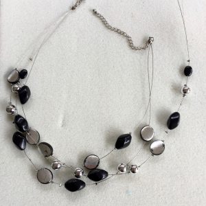 Broken Black and silver glass bead three strand wire necklace