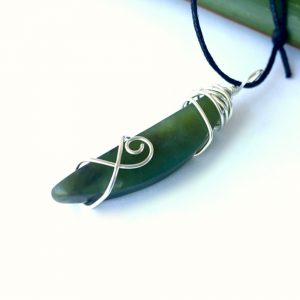 one of a kind unique greenstone pendant wrapped in recycled sterling silver wire on black cord necklace