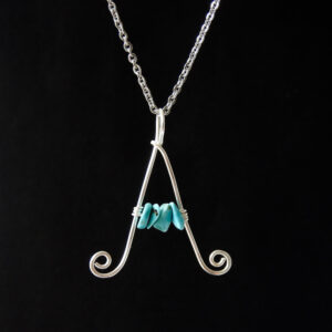 Large customised letter A eco sterling silver necklace with turquoise chips