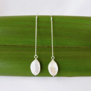 Ivory cultured pearl drop long chain earrings with eco sterling silver