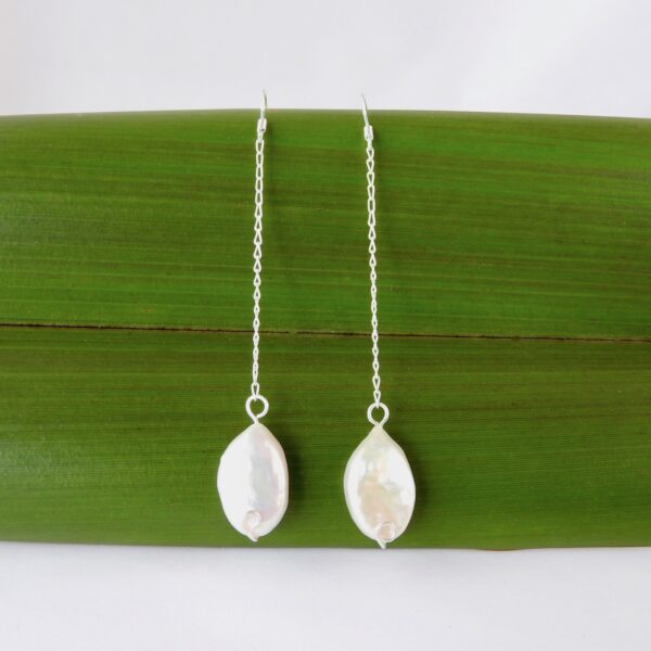 Ivory cultured pearl drop long chain earrings with eco sterling silver
