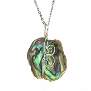 Round Paua Shell Necklace with Double Koru in recycled Argentium Silver