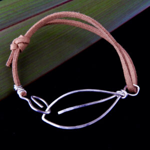 Eco Silver 2 Leaves Mens Bracelet with soft brown suede cord
