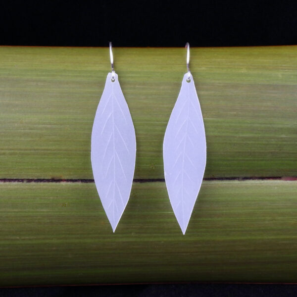 Leaf dangly earrings made from recycled milk bottles Leaf dangly earrings made from repurposed milk bottles