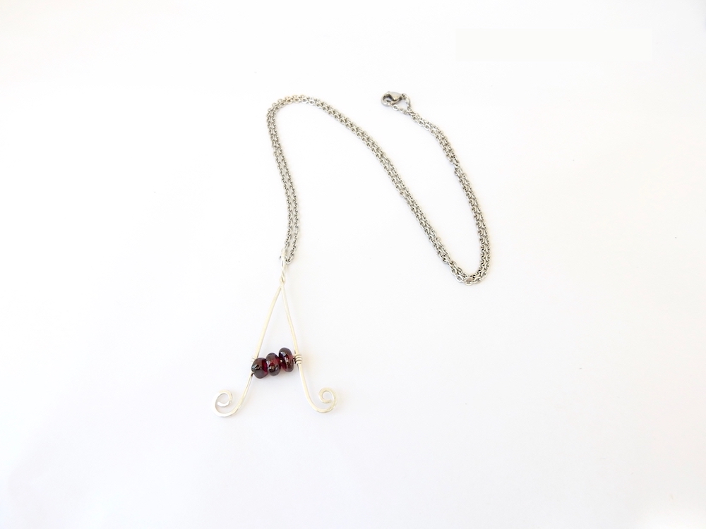 Letter A Necklace in eco Sterling Silver with garnets and Sterling Silver chain