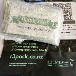 Reused bubble wrap and compostable courier bag