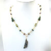 Necklace.GreenstoneGoldWW_WhiteModel Gold plated wire wrapped greenstone, pearl, riverstone and fluorite necklace