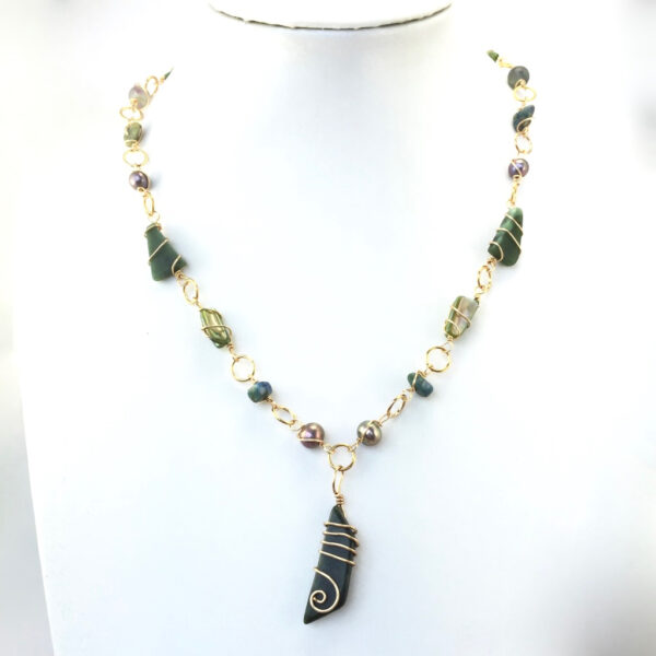 Gold plated wire wrapped greenstone, pearl, riverstone and fluorite necklace