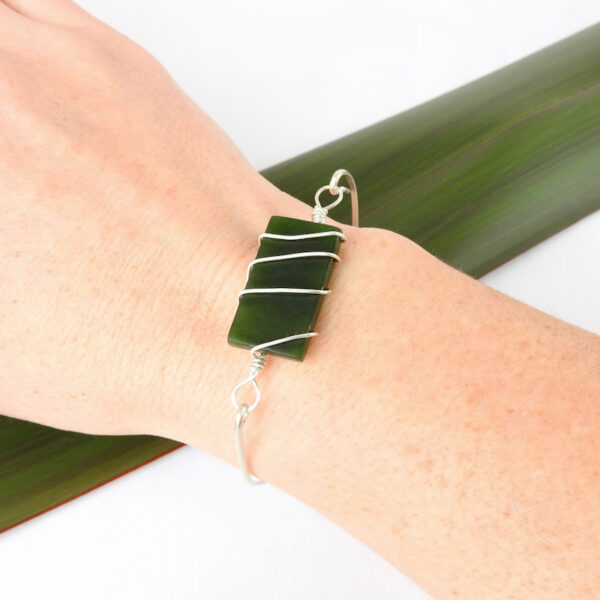 Rectangular spiral wrapped sustainable silver and greenstone bangle