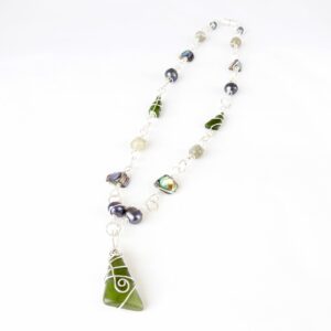 NZ Greenstone, freshwater pearl, paua shell and labradorite necklace wire wrapped in recycled Sterling Silver